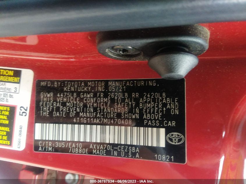 2021 TOYOTA CAMRY SE - 4T1G11AK7MU470408