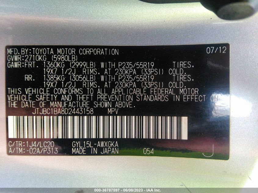 2013 LEXUS RX 450H - JTJBC1BA8D2443158