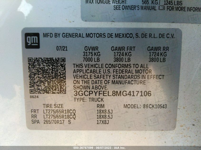 2021 CHEVROLET SILVERADO 1500 LT TRAIL BOSS - 3GCPYFEL8MG417106
