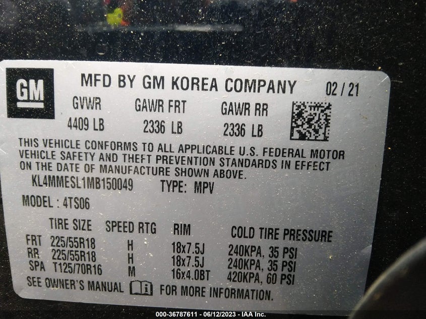 VIN KL4MMESL1MB150049 2021 BUICK ENCORE GX SELECT