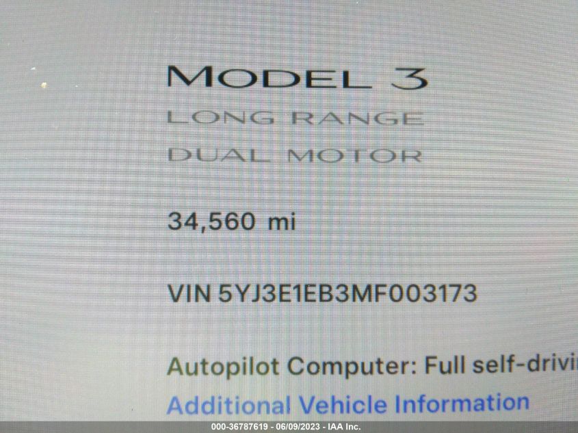 2021 TESLA MODEL 3 LONG RANGE - 5YJ3E1EB3MF003173