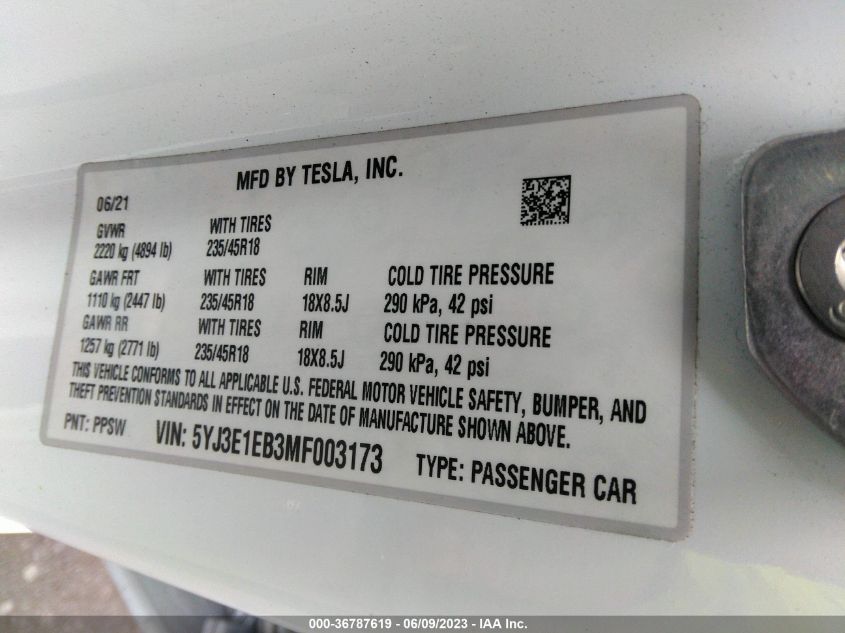 2021 TESLA MODEL 3 LONG RANGE - 5YJ3E1EB3MF003173
