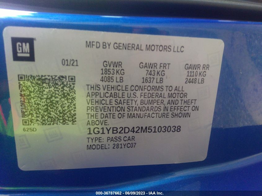 2021 CHEVROLET CORVETTE 2LT - 1G1YB2D42M5103038