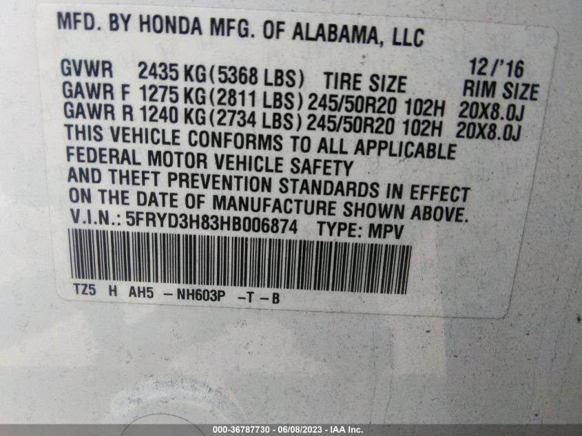 2017 ACURA MDX W/ADVANCE PKG - 5FRYD3H83HB006874