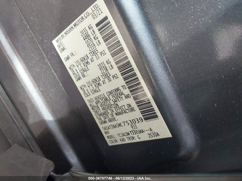 VIN 5N1AT3BA5MC753039 2021 NISSAN ROGUE SV
