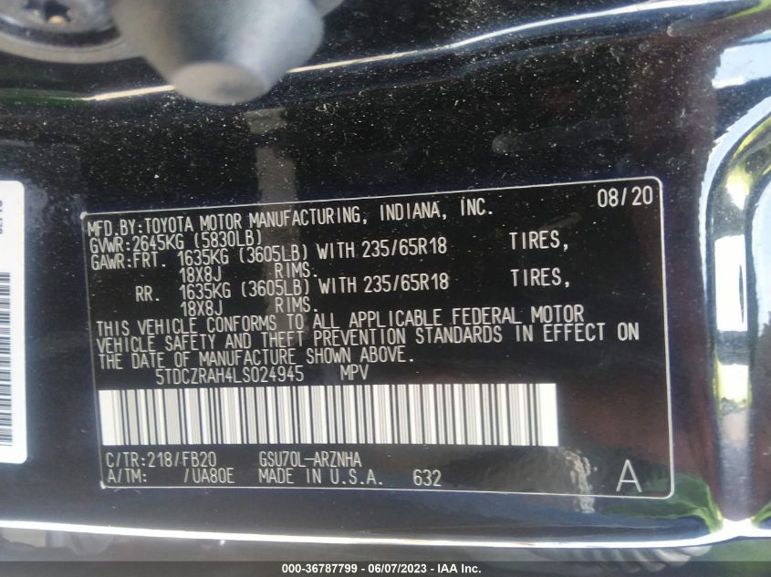 2020 TOYOTA HIGHLANDER L - 5TDCZRAH4LS024945