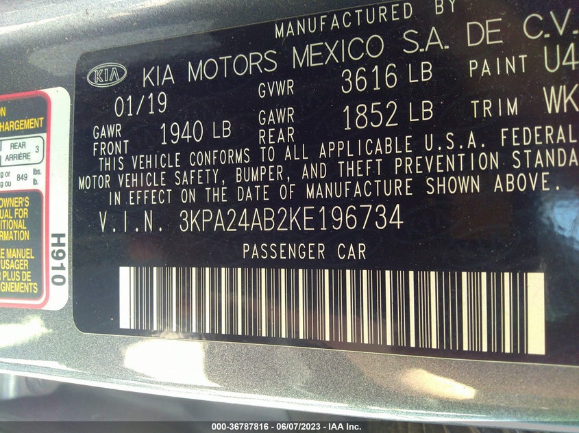 VIN 3KPA24AB2KE196734 2019 KIA RIO S