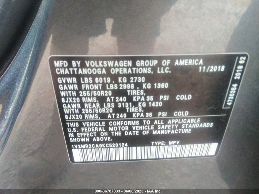 VIN 1V2MR2CA9KC520124 2019 VOLKSWAGEN ATLAS 3.6L V6 SEL