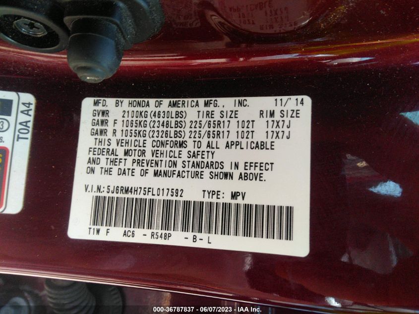 2015 HONDA CR-V EX-L - 5J6RM4H75FL017592
