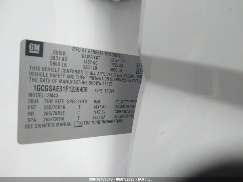 2015 CHEVROLET COLORADO 2WD WT - 1GCGSAE31F1238458