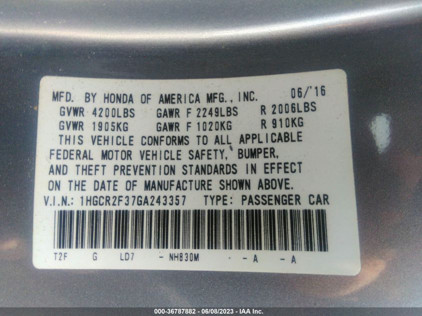 2016 HONDA ACCORD SEDAN LX - 1HGCR2F37GA243357