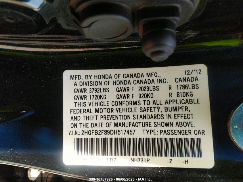 2013 HONDA CIVIC SDN EX - 2HGFB2F89DH517457
