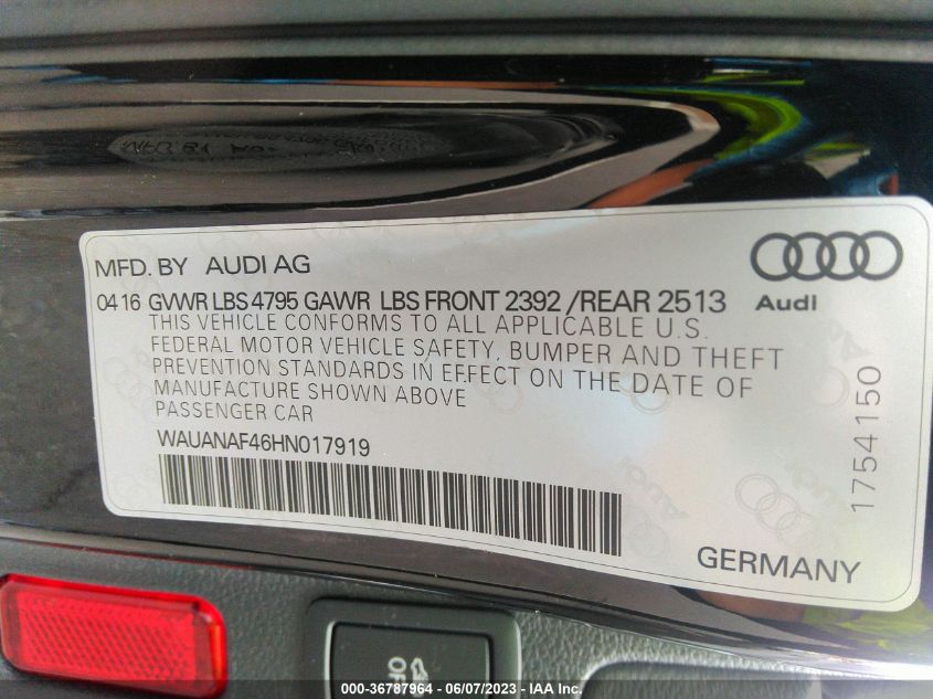 2017 AUDI A4 PREMIUM - WAUANAF46HN017919