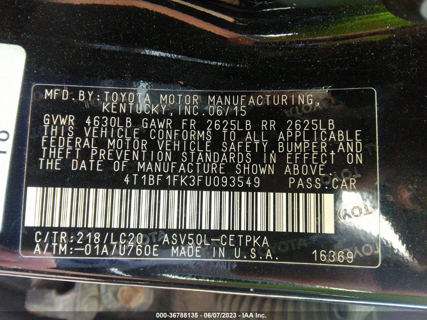 2015 TOYOTA CAMRY XLE/SE/LE/XSE - 4T1BF1FK3FU093549