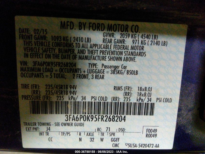 2015 FORD FUSION TITANIUM - 3FA6P0K95FR268204