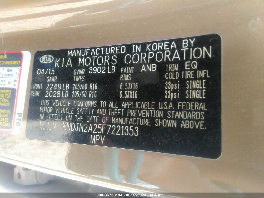 2015 KIA SOUL BASE - KNDJN2A25F7221353
