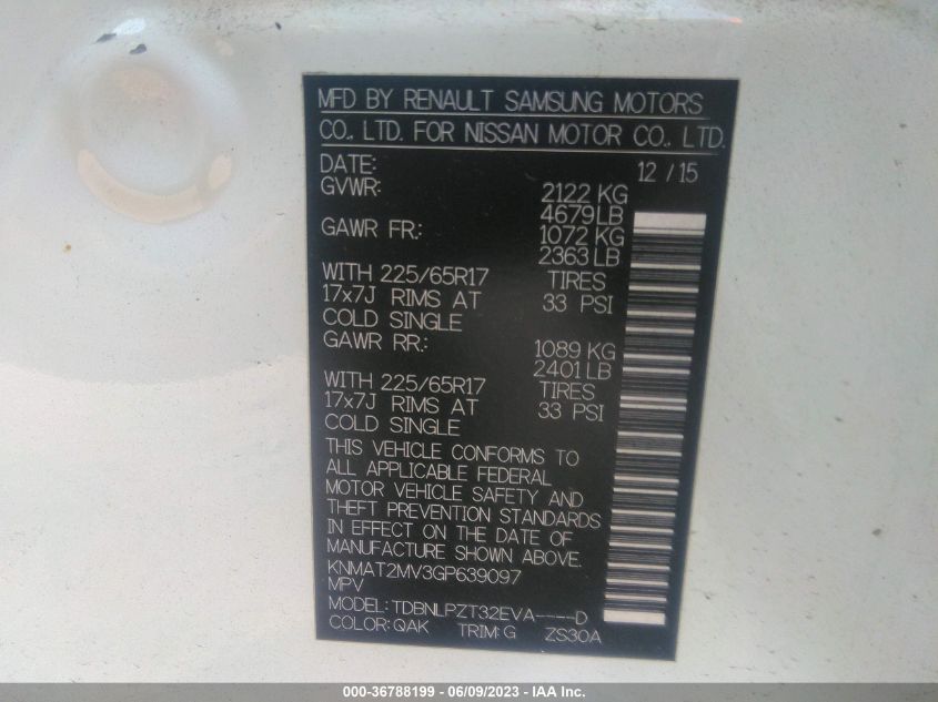 2016 NISSAN ROGUE S - KNMAT2MV3GP639097