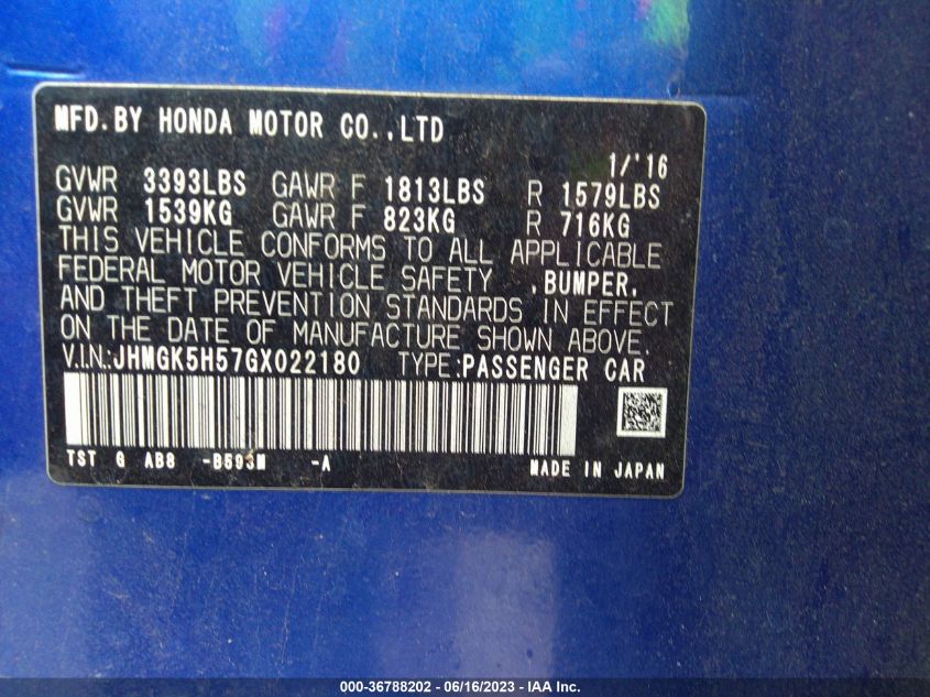 2016 HONDA FIT LX - JHMGK5H57GX022180