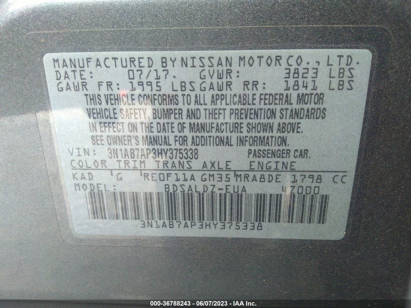 VIN 3N1AB7AP3HY375338 2017 NISSAN SENTRA SV