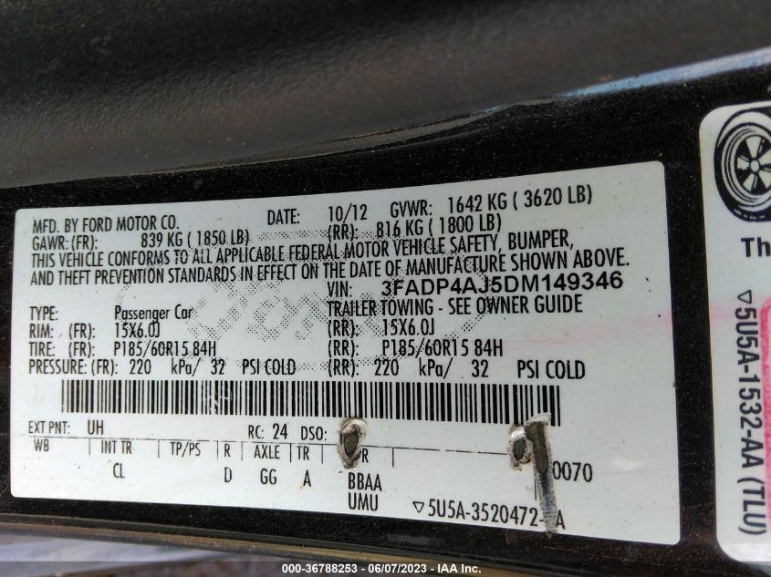 2013 FORD FIESTA S - 3FADP4AJ5DM149346