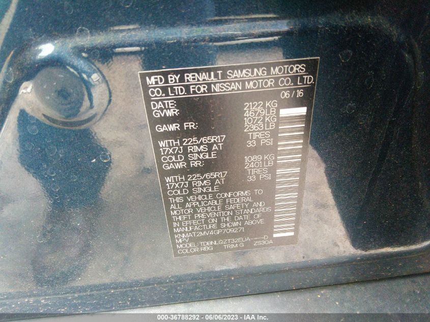 2016 NISSAN ROGUE SV/SL/S - KNMAT2MV4GP709271