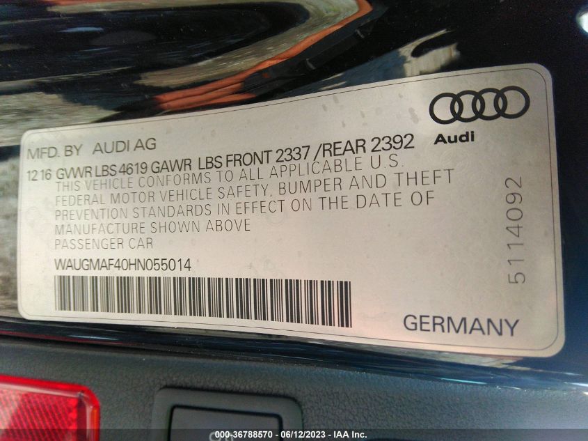 2017 AUDI A4 ULTRA PREMIUM - WAUGMAF40HN055014