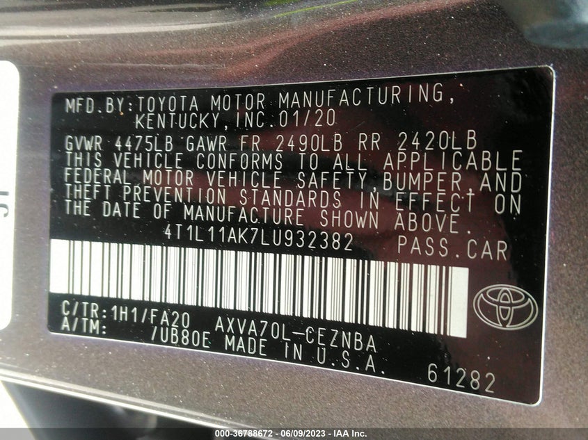 VIN 4T1L11AK7LU932382 2020 TOYOTA CAMRY LE