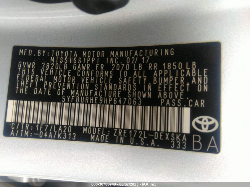 2017 TOYOTA COROLLA L/LE/XLE/SE - 5YFBURHE9HP647063