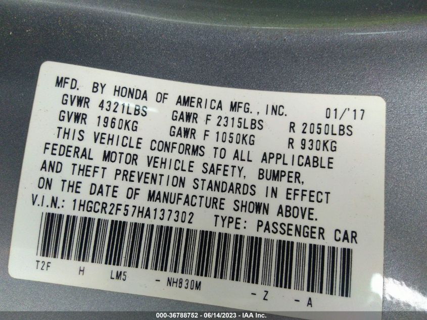 2017 HONDA ACCORD SEDAN SPORT - 1HGCR2F57HA137302