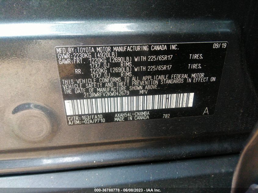 2019 TOYOTA RAV4 HYBRID XLE - 2T3RWRFV2KW042679