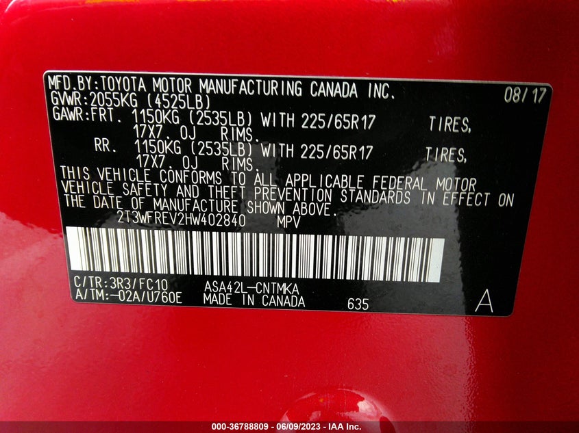 VIN 2T3WFREV2HW402840 2017 TOYOTA RAV4 XLE