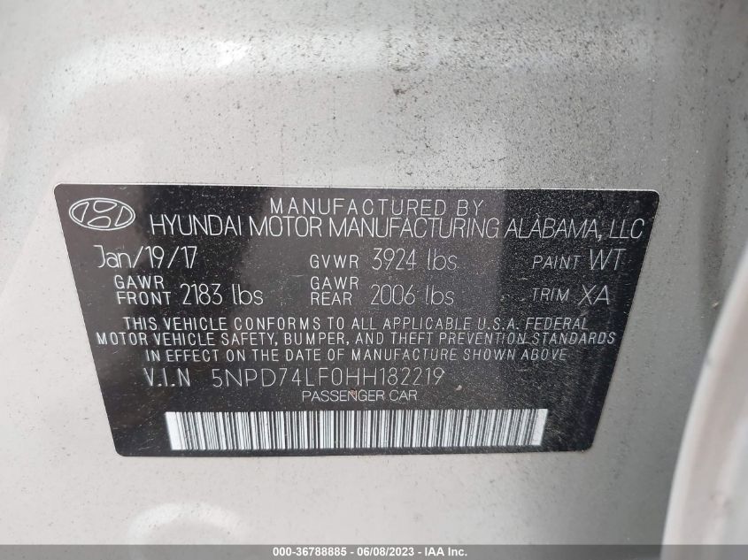 2017 HYUNDAI ELANTRA SE - 5NPD74LF0HH182219