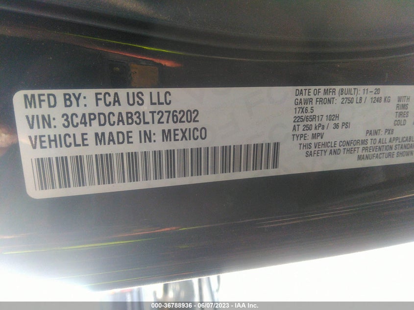 VIN 3C4PDCAB3LT276202 2020 DODGE JOURNEY SE