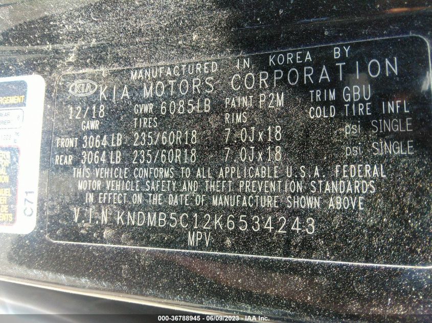 2019 KIA SEDONA EX - KNDMB5C12K6534243