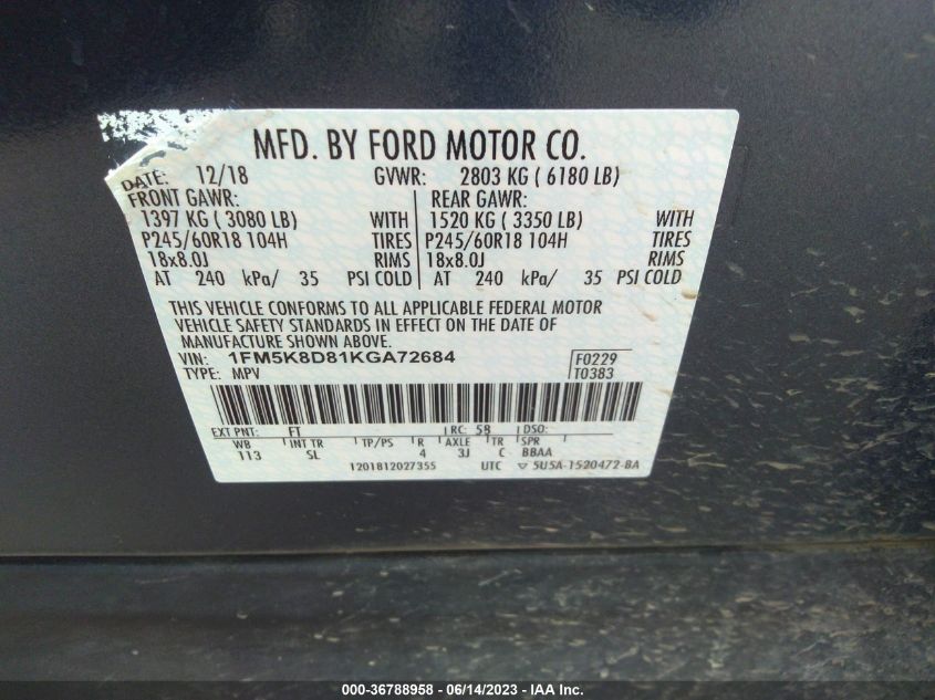 2019 FORD EXPLORER XLT - 1FM5K8D81KGA72684