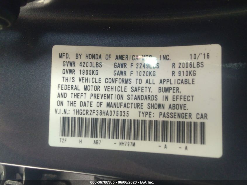2017 HONDA ACCORD SEDAN LX - 1HGCR2F38HA075035