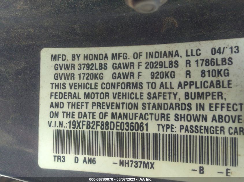 2013 HONDA CIVIC SDN EX - 19XFB2F88DE036061