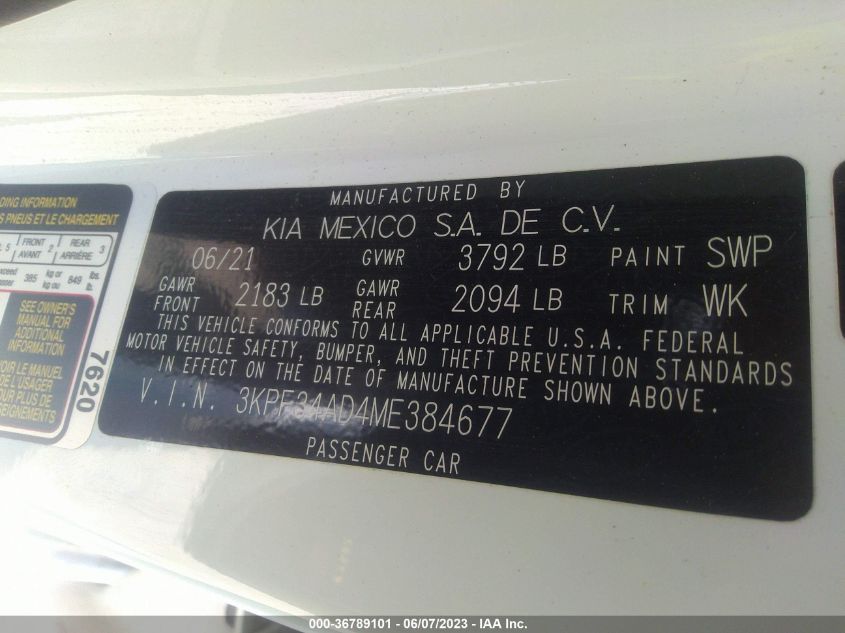 2021 KIA FORTE GT LINE - 3KPF34AD4ME384677
