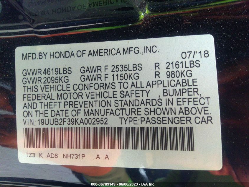 2019 ACURA TLX - 19UUB2F39KA002952