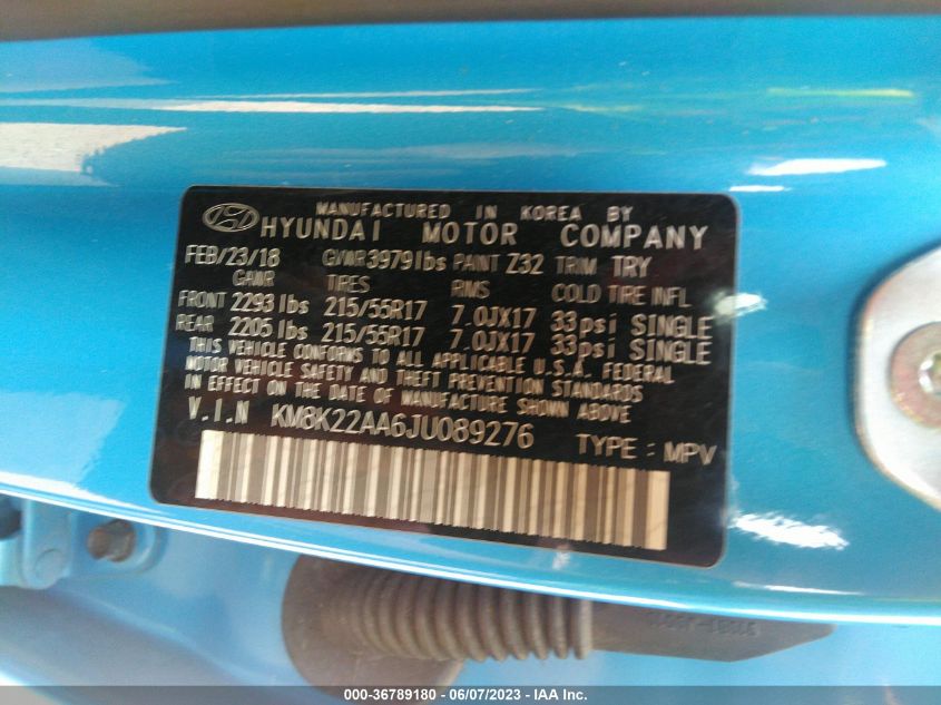 2018 HYUNDAI KONA SEL - KM8K22AA6JU089276