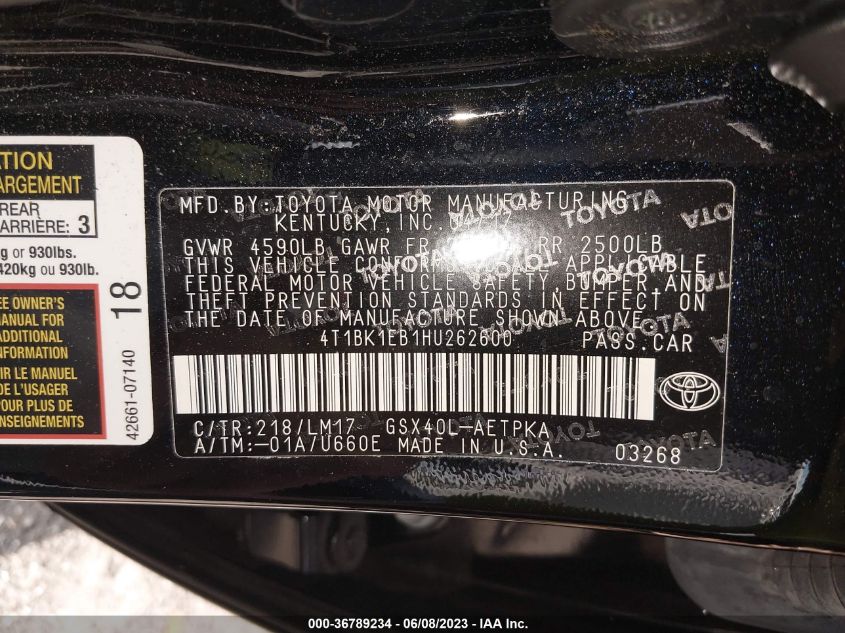 2017 TOYOTA AVALON XLE/XLE PLUS - 4T1BK1EB1HU262600