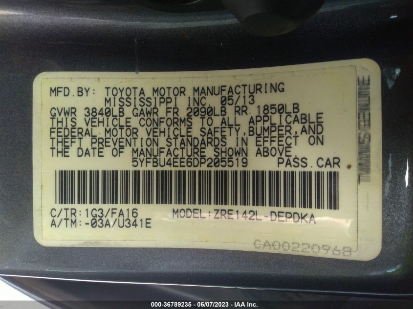 2013 TOYOTA COROLLA L/LE/S - 5YFBU4EE6DP205519