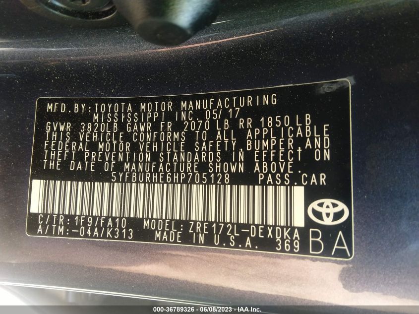 2017 TOYOTA COROLLA L/LE/XLE/SE - 5YFBURHE6HP705128