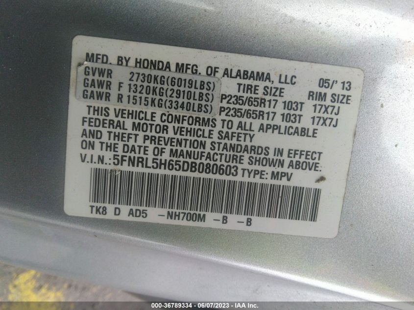 2013 HONDA ODYSSEY EX-L - 5FNRL5H65DB080603