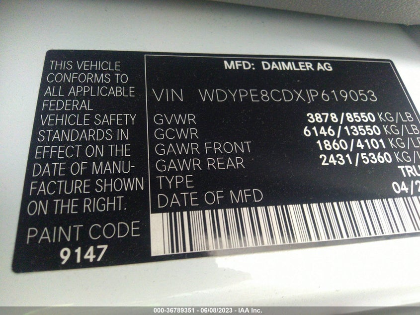 VIN WDYPE8CDXJP619053 2018 FREIGHTLINER SPRINTER CARGO VAN