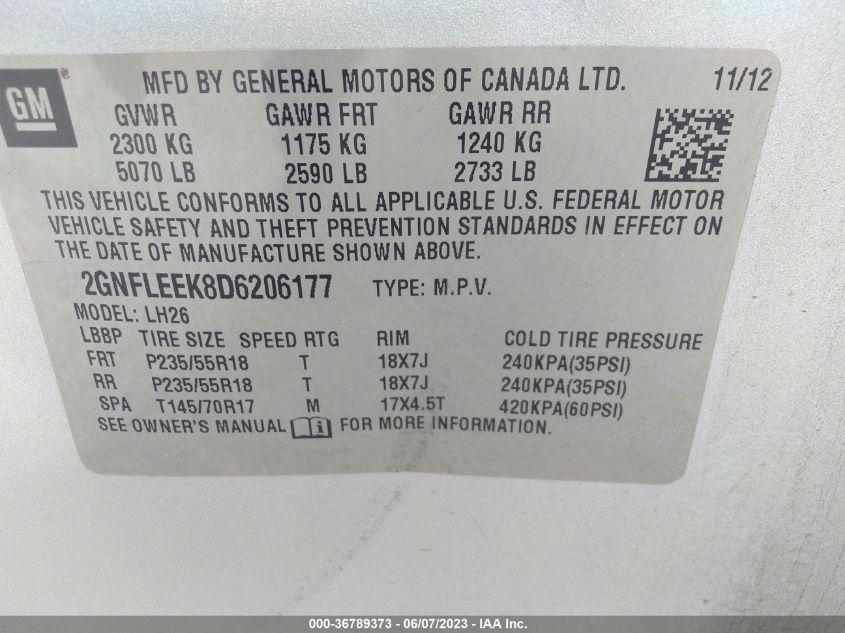 2013 CHEVROLET EQUINOX LT - 2GNFLEEK8D6206177