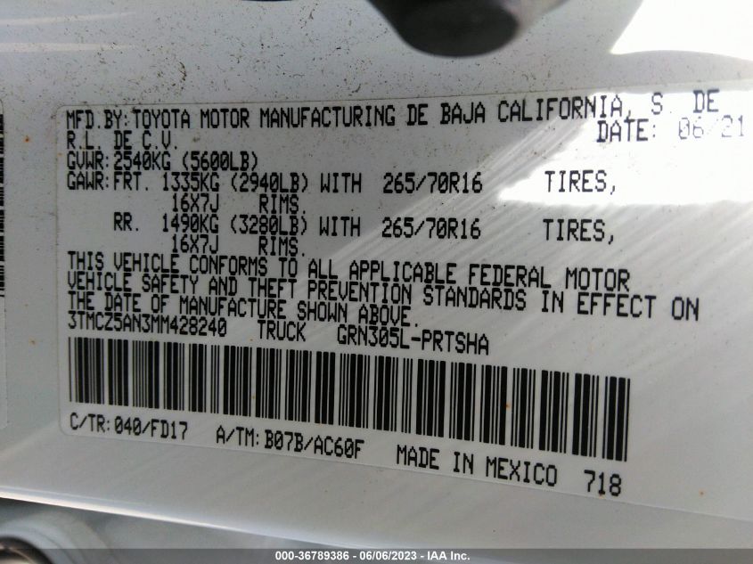 2021 TOYOTA TACOMA 4WD SR/SR5/TRD SPORT - 3TMCZ5AN3MM428240