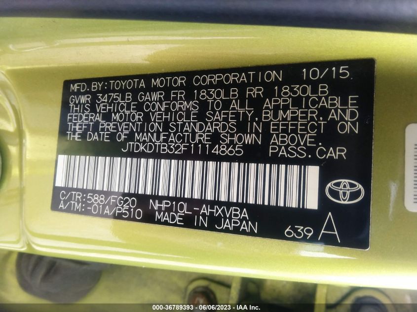 2015 TOYOTA PRIUS C ONE/TWO/THREE/FOUR - JTDKDTB32F1114865