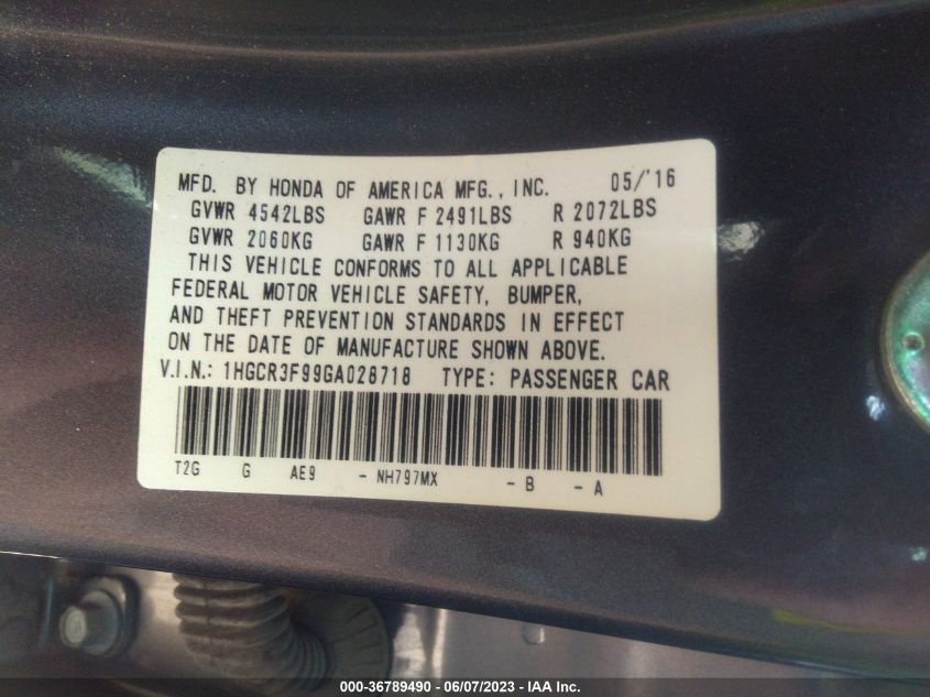 2016 HONDA ACCORD SEDAN TOURING - 1HGCR3F99GA028718