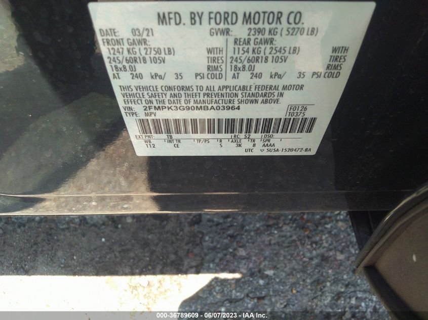 2FMPK3G90MBA03964 2021 FORD EDGE, photo no. 9